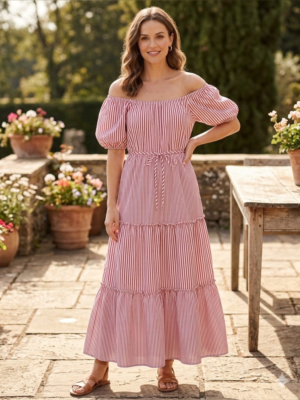 Draper James Red & White Striped Puff-Sleeve Maxi Dress